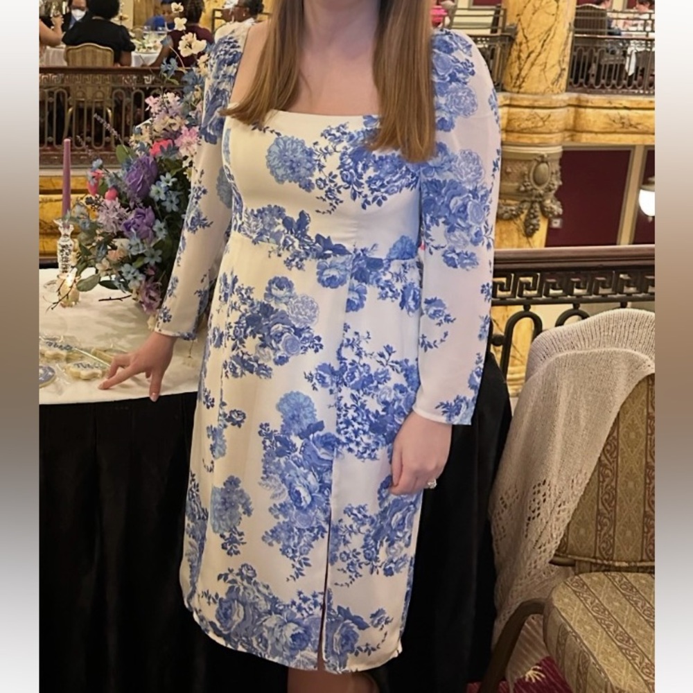 BHLDN Blue and White Floral Long Sleeve Dress